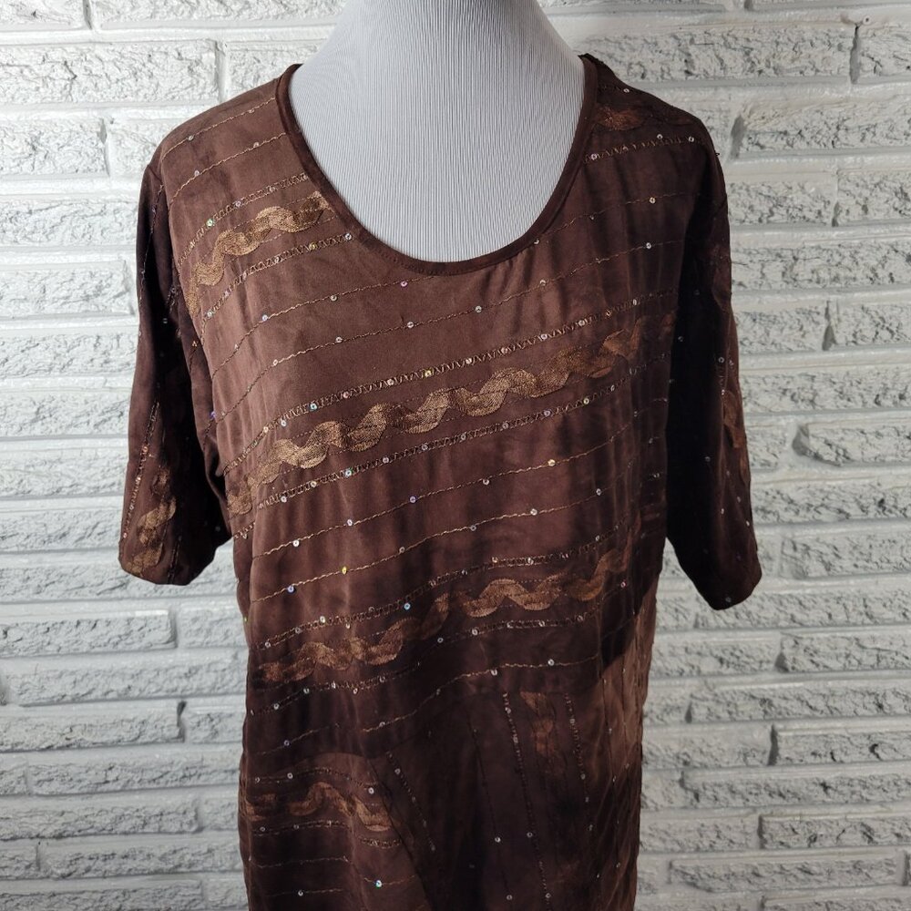 Shannon Ford Brown Tunic Top 2X Womens Asymmetric Sequin Pullover BRO13E - Picture 3 of 9